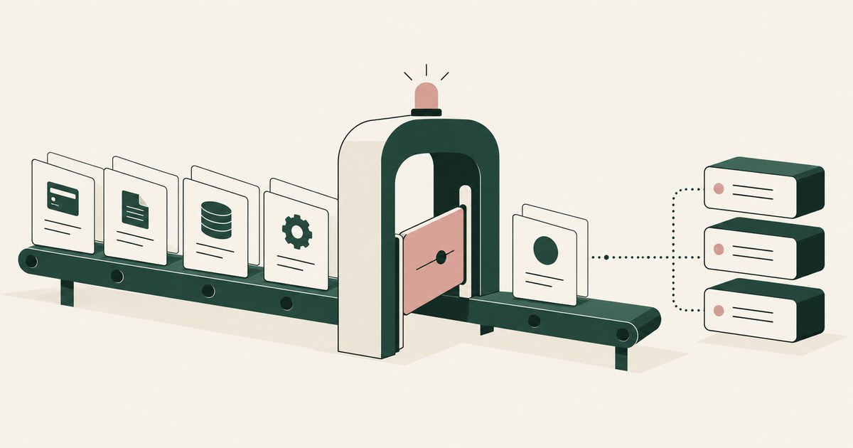 Payment, document and database cards pass an approval gate before reaching an audit stack.