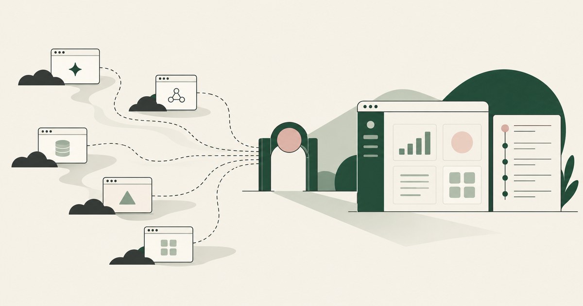 Scattered browser windows converge on a gated workspace and ordered activity ledger.
