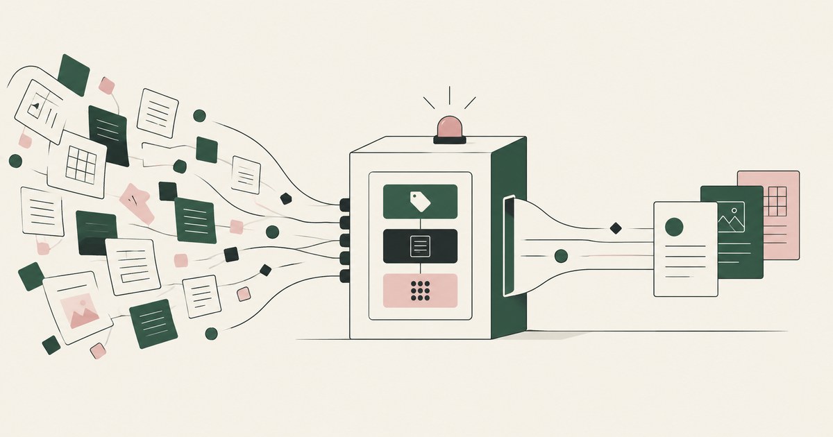 Scattered policy documents converge into a compact control module and three clear output records.