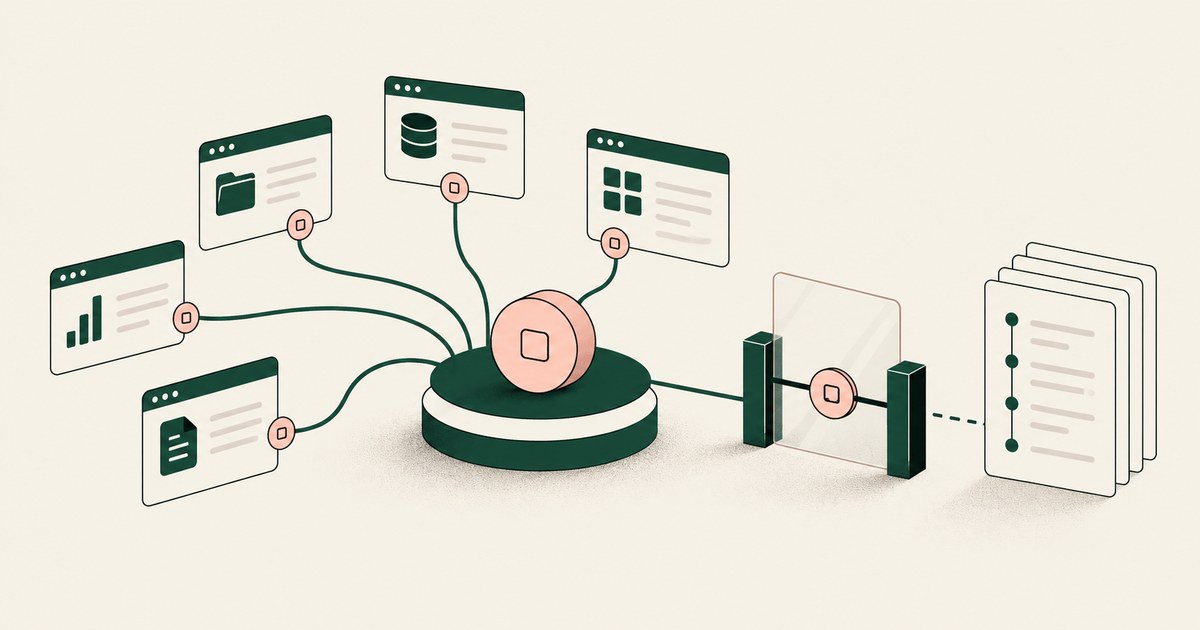 Application windows share a consistent token through a central hub and approval gate.