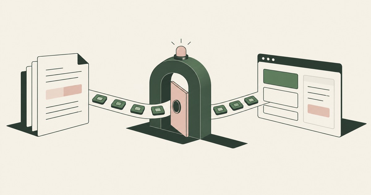 Document stacks pass through a guarded doorway as tokens into a browser workflow.