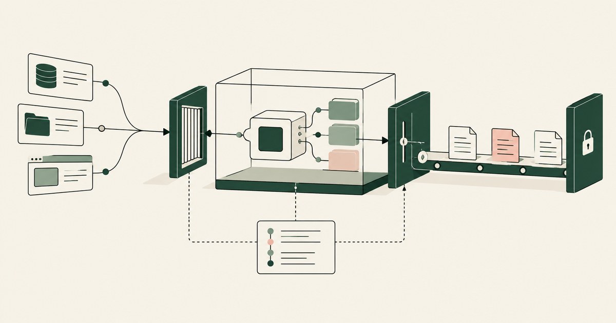 Enterprise records pass access controls into an isolated computing module before approved delivery.