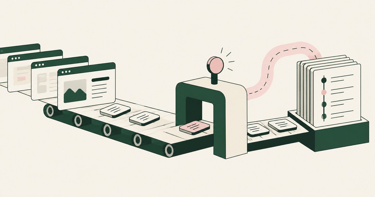 Browser activity travels through a checkpoint into an ordered control-record file rack.