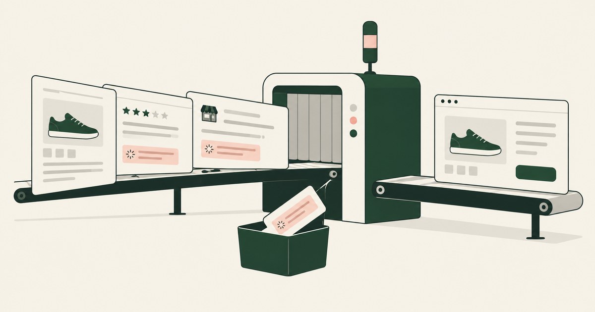 Shopping pages pass an inspection gate that removes a suspicious offer card.