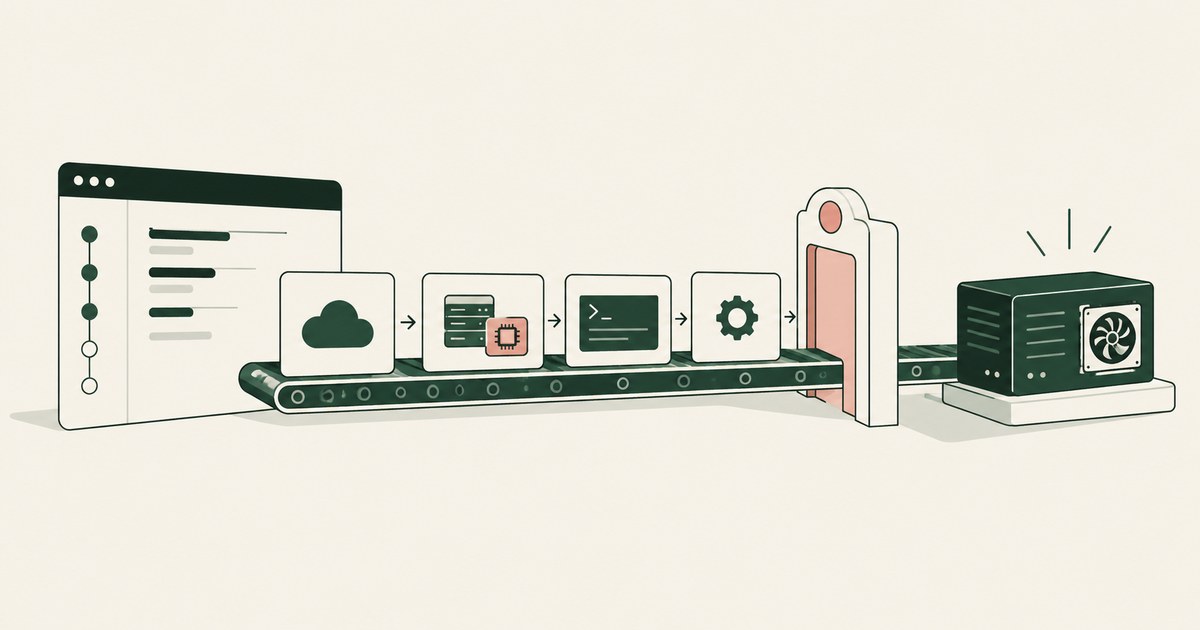 A cloud deployment conveyor links configuration screens, an approval gate and GPU hardware.