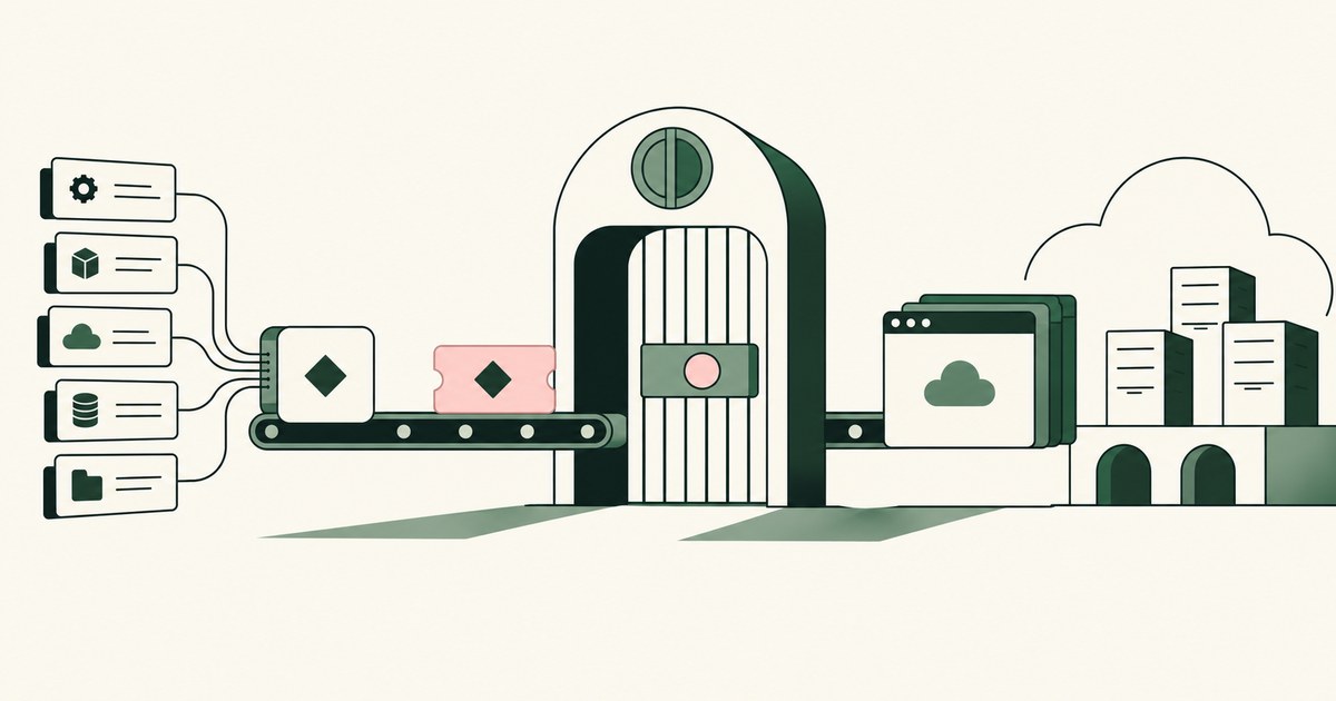 Deployment cards and a credential pass through a gate toward cloud infrastructure.