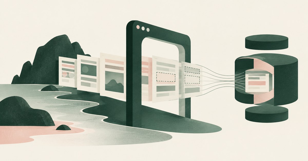Document pages cross a browser-shaped boundary beside an island and a separated storage cylinder.