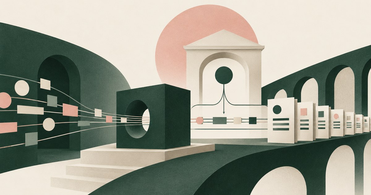 Records cross a guarded architectural gateway and a series of arches toward an abstract agent endpoint.