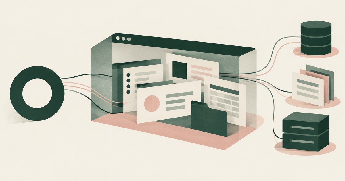 A browser contains several working documents connected to separate database, record, and file-storage objects.