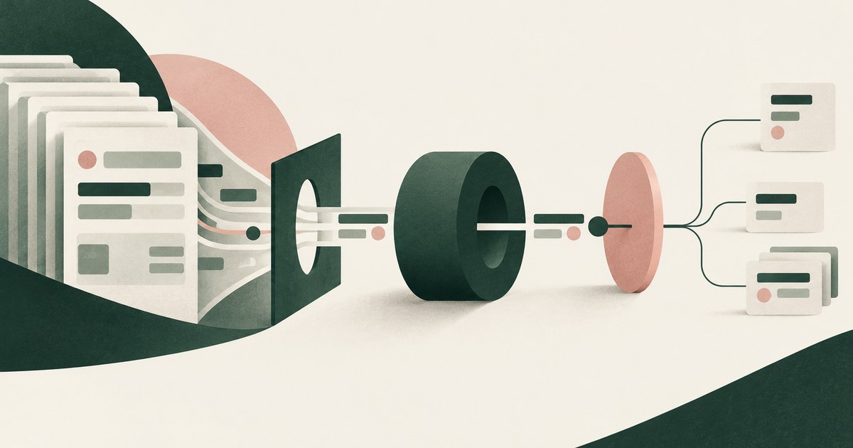Financial record fields pass through a screen, a circular processing node, and a blush boundary before reaching separate records.