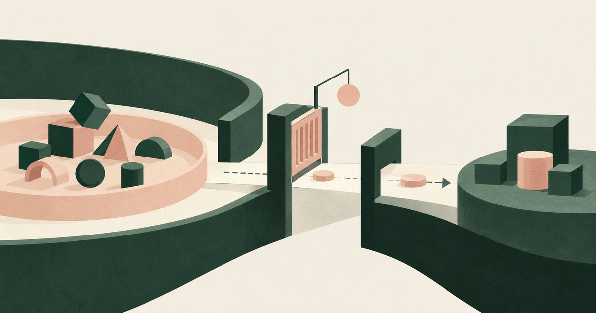 Small geometric task objects move from a contained test area through a narrow gate onto a broad production platform.