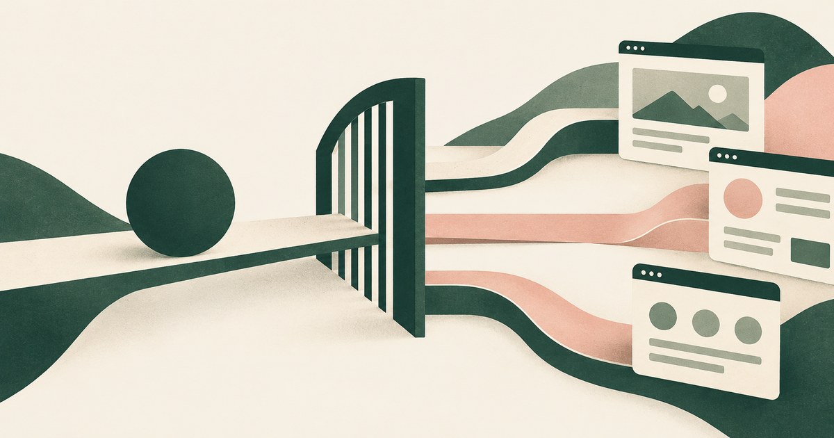 A single abstract agent sphere approaches a slatted boundary that branches toward external web pages.