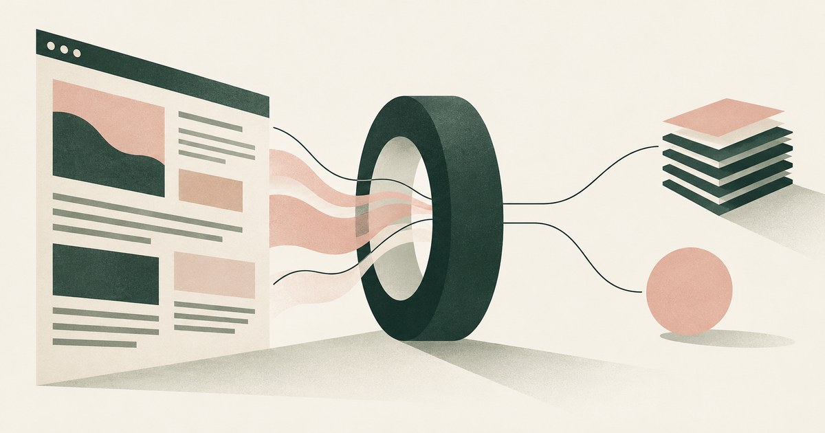 Content from an external web page flows through a circular boundary toward a layered stack and an isolated data point.