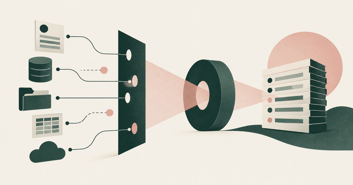 Company documents and storage objects connect through a field boundary and an abstract ring toward a record stack.