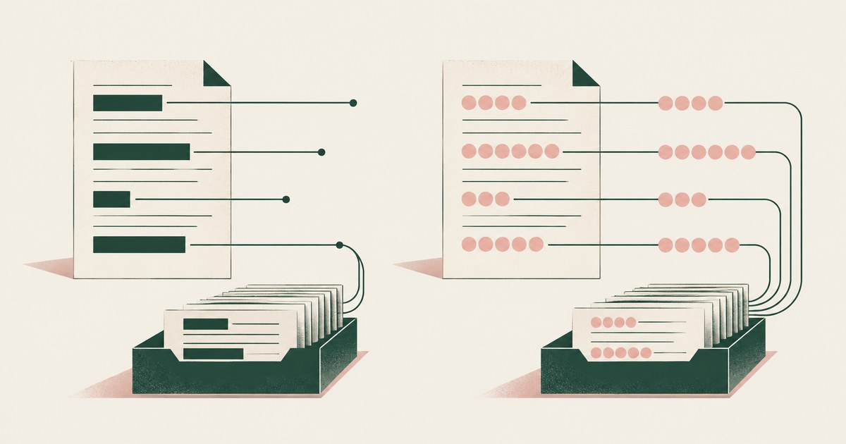 Partially hidden record fields stop at their page while consistent token dots connect matching records across pages.