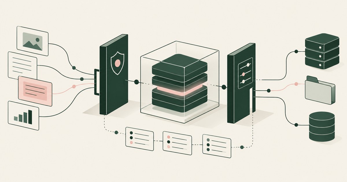 A layered model enclosure sits between an input boundary and controls for enterprise resources.