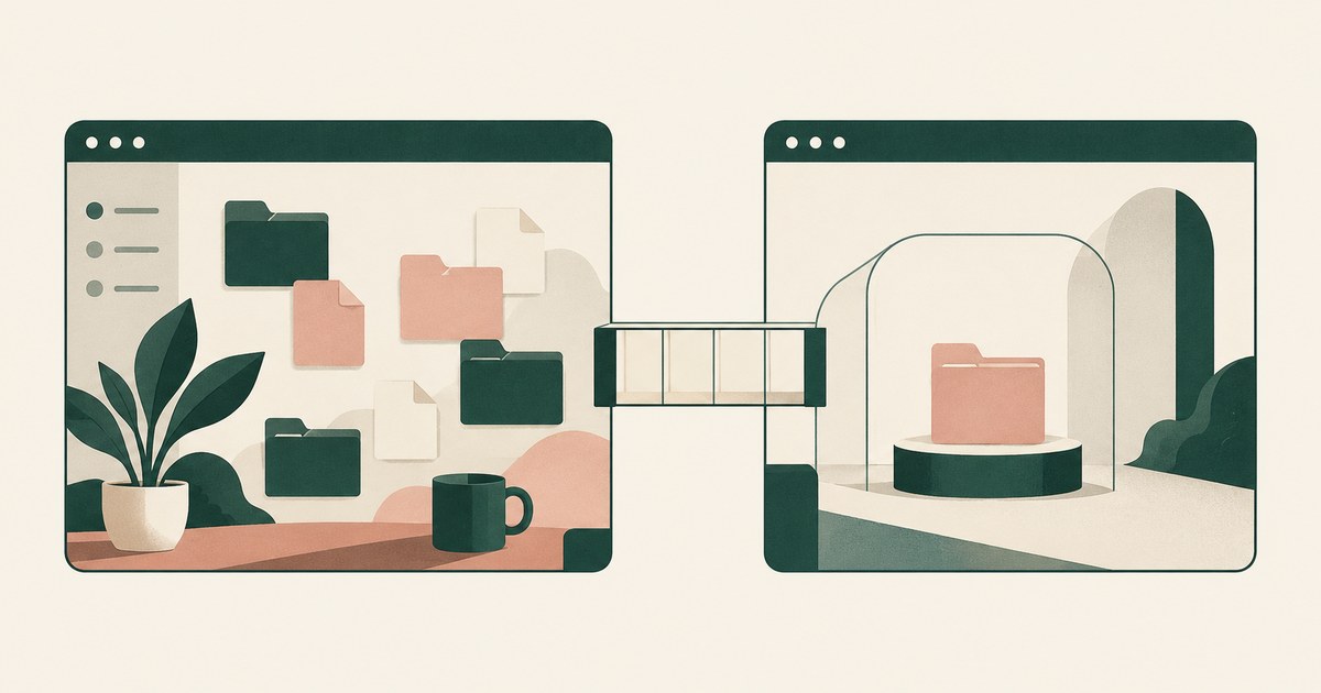 A browser full of folders connects through a narrow bridge to a separate browser containing one selected task folder.