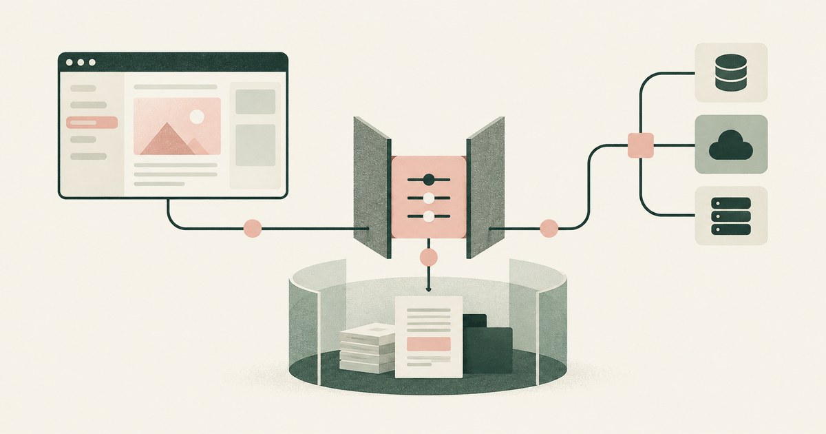 A browser and API service nodes connect through a shared policy panel with an audit record underneath.