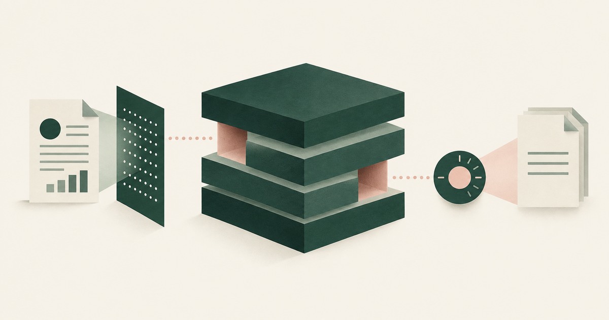 A layered security stack contains two visible gaps between a data screen and an audit dial, representing exposure and accountability.