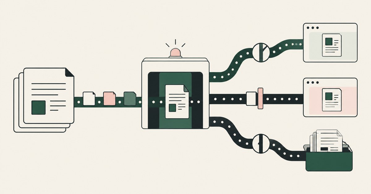 Documents are transformed at a central policy module and routed to distinct application outputs.