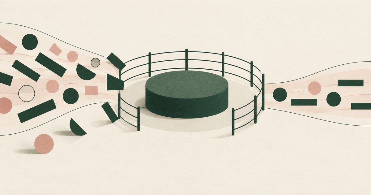 Scattered data shapes approach a circular platform with guardrails and emerge as an orderly flow.