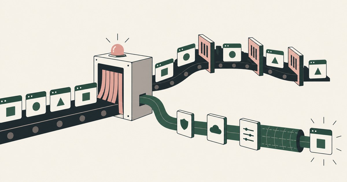 Browser content follows two alternative paths through inspection and data protection stages.