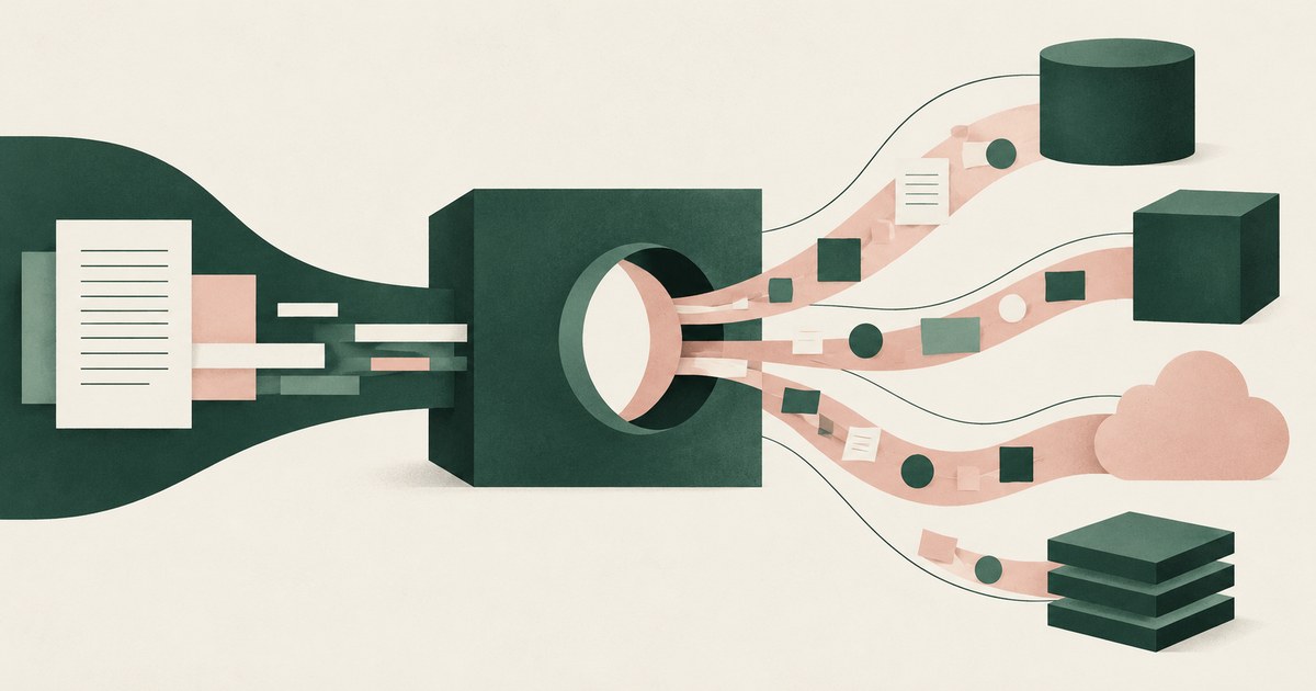 A business record passes through a gateway and branches toward cloud, database, and other external system shapes.