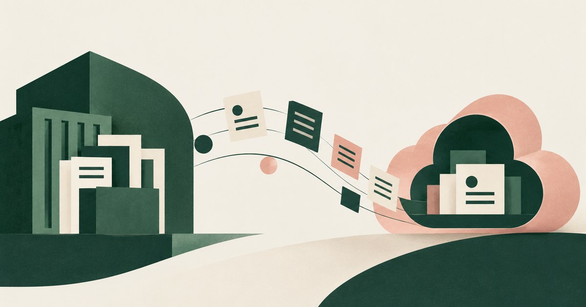 Company files stream from an enclosed workspace toward an abstract cloud containing a customer record.