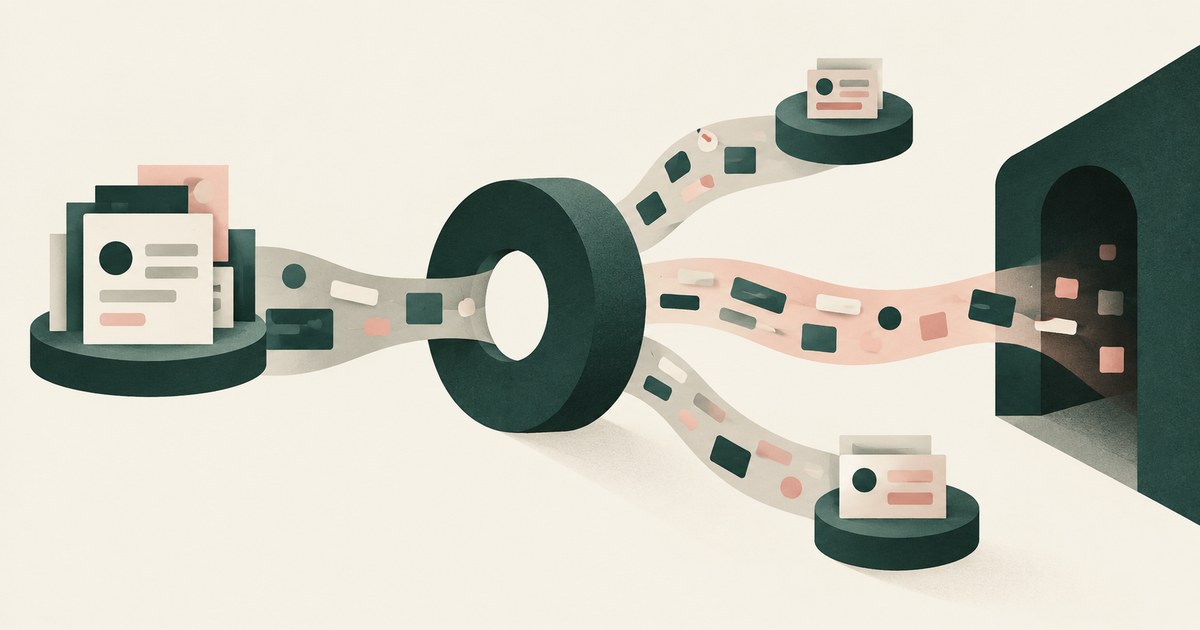 Customer records flow through a central processing ring toward several separate workflow destinations.