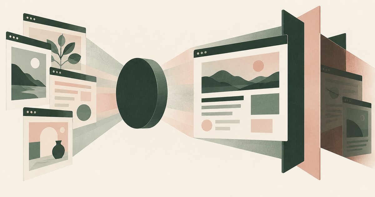 Several browser tabs feed through an abstract viewing ring toward a larger page and layered access boundaries.