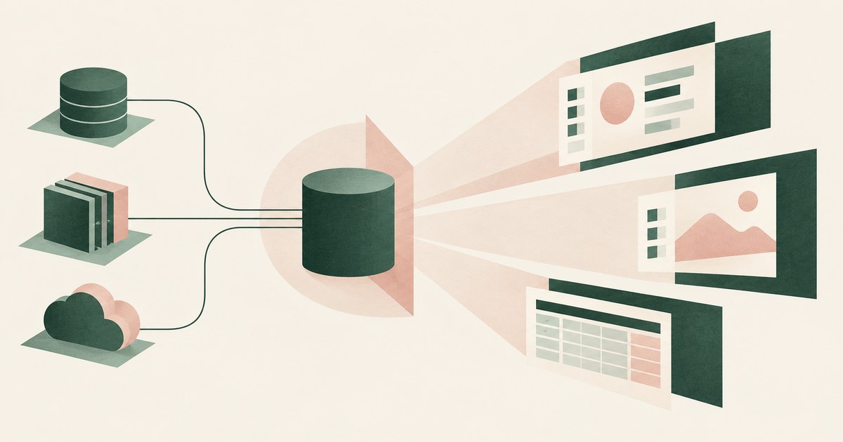 Connected storage objects feed a central agent cylinder that views three distinct application screens.
