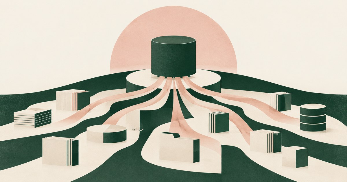A central agent cylinder sends branching ribbons toward document stacks and storage objects across a broad platform.