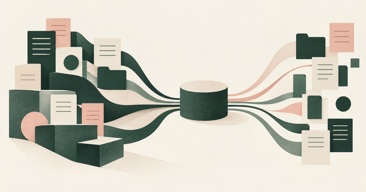 Files from connected applications flow through a central node toward many accessible record cards.