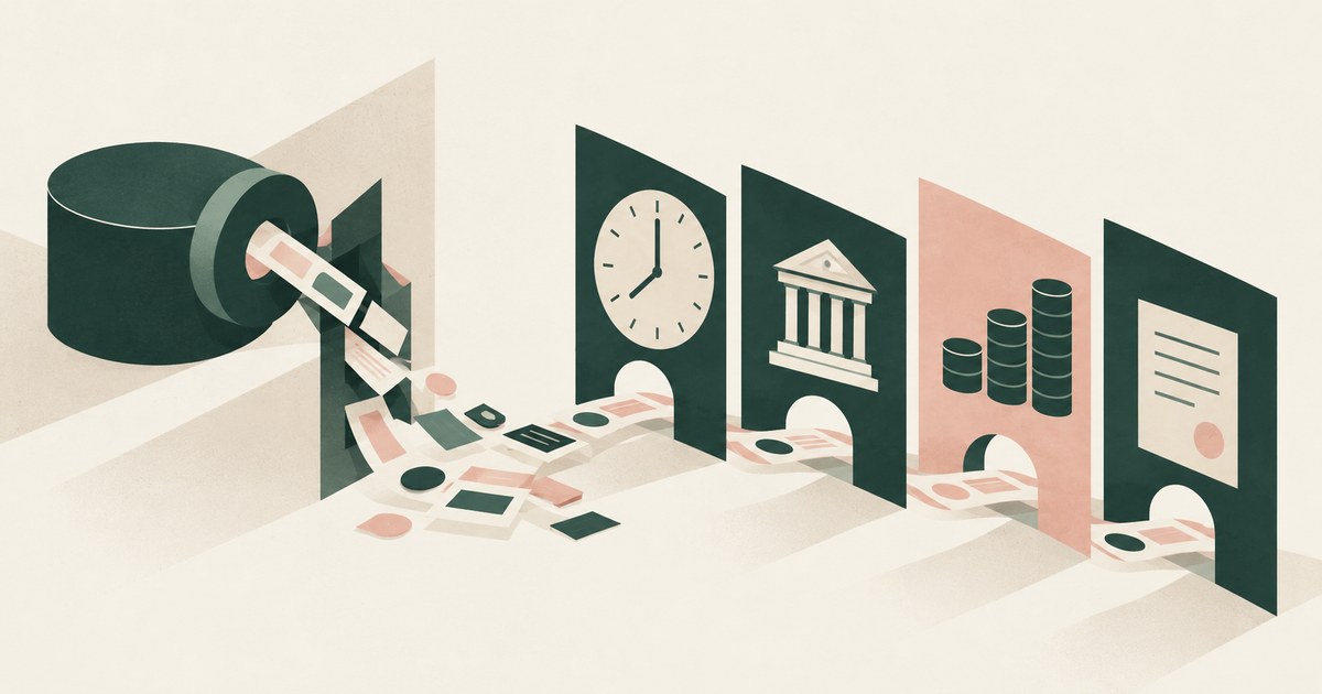 A spill of customer record cards passes a sequence of panels showing a clock, institution, financial cost, and contract.