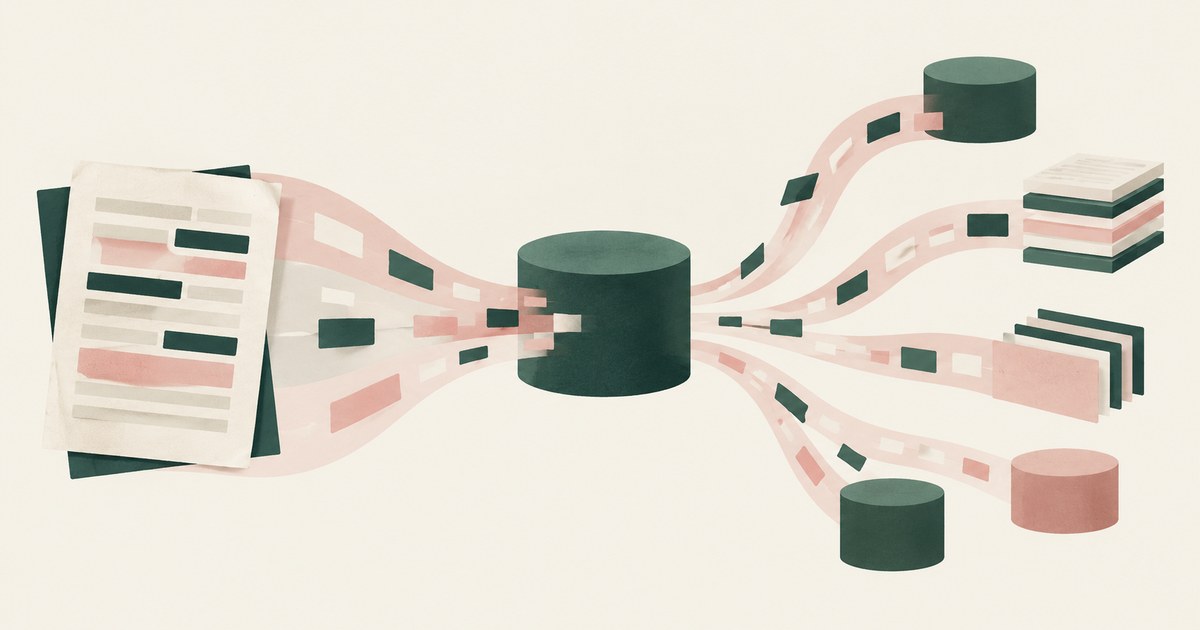 A sensitive document flows into a central processing node and branches toward storage, files, and other endpoints.