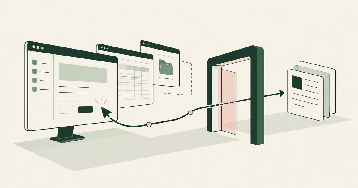 A cursor in an application window follows a gated path to a completed document.