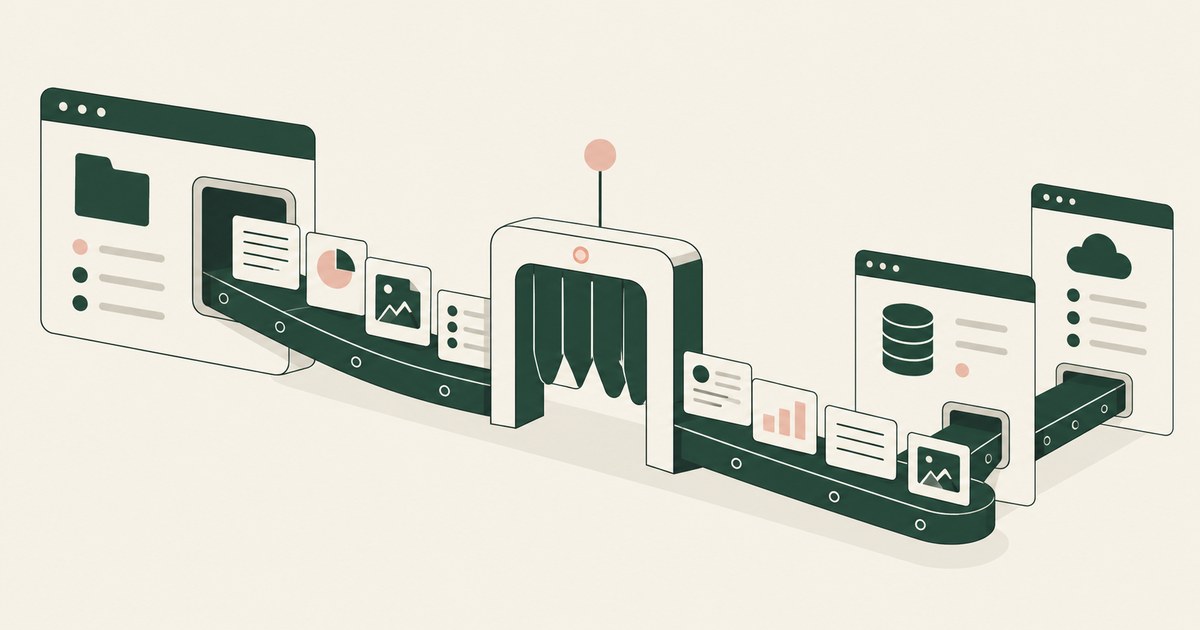 A browser exports documents through a screen-level gate toward database and cloud applications.