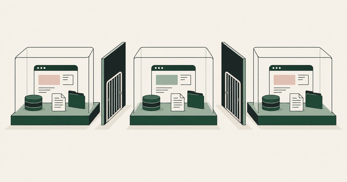 Three browser sessions occupy separate transparent enclosures with independent data stores.