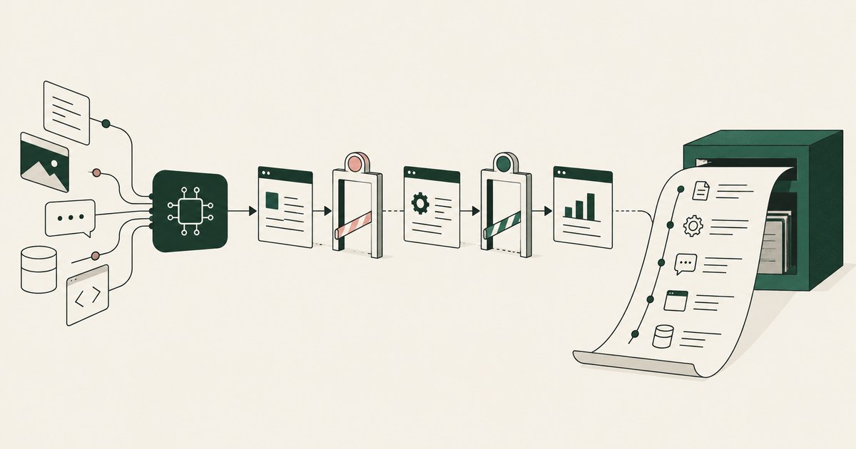 Model inputs become browser actions that cross review gates and produce a printed audit trail.