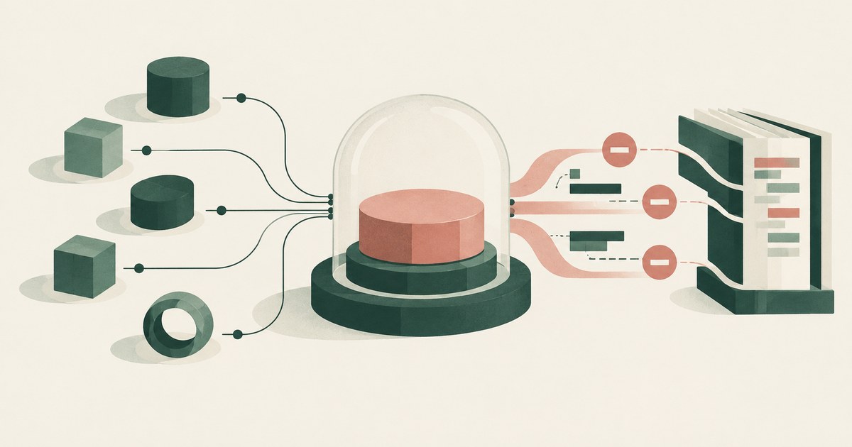 A covered blush stop button connects multiple geometric agents to a halted flow and a preserved record stack.