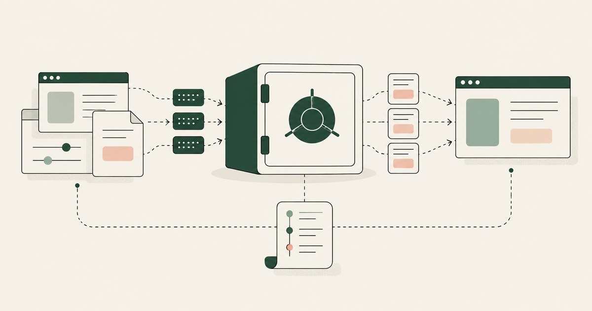 Browser records are exchanged through a central data vault with a linked audit record.