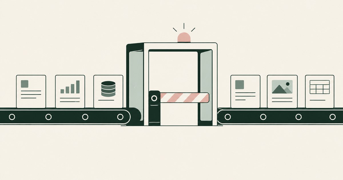 Document, chart and database cards queue at a human approval barrier.