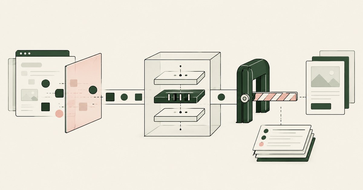 Browser tokens enter an isolated layered model and an action barrier beside an activity file.