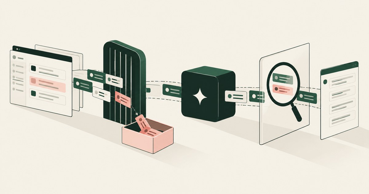 Browser records cross a prevention filter and computing stage before an output inspection lens.