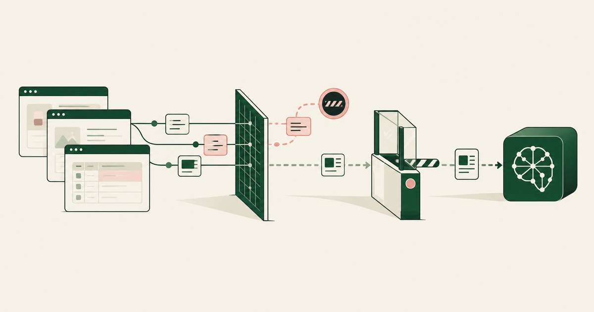 Application requests cross an inspection mesh and approval gate before reaching a connected AI module.