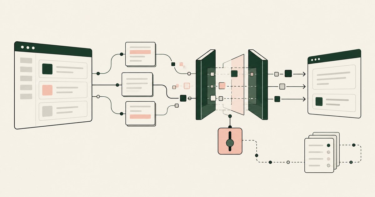 Browser fields become tokens across layered security panels linked to a policy control and audit record.