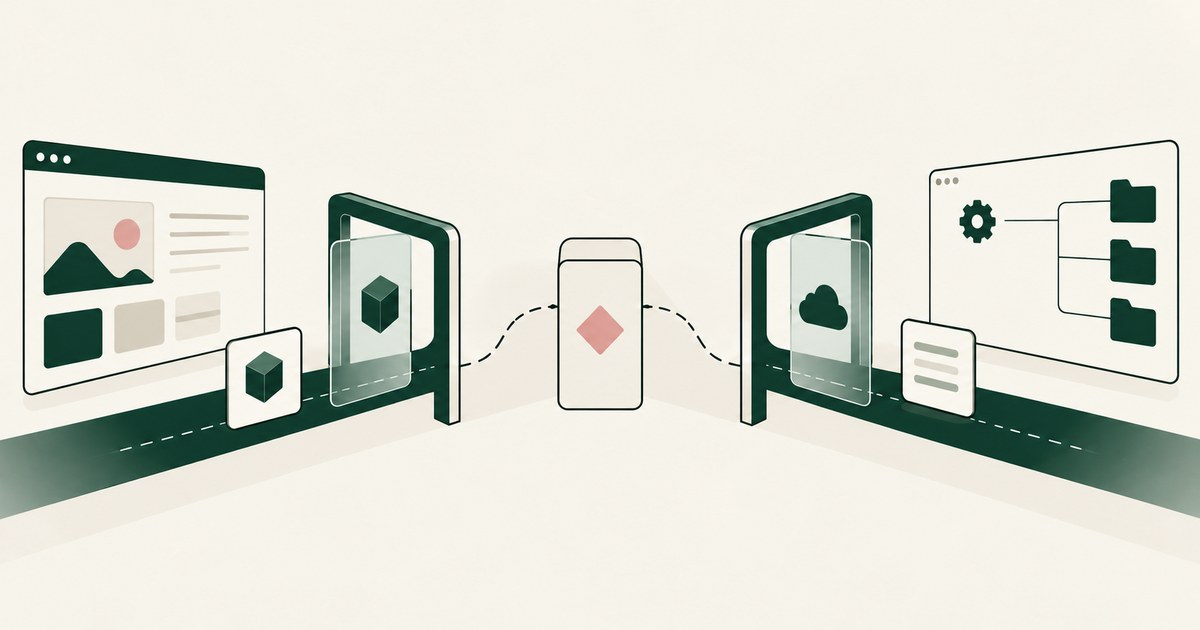 Two browser workflows connect through security panels and a central control switch.
