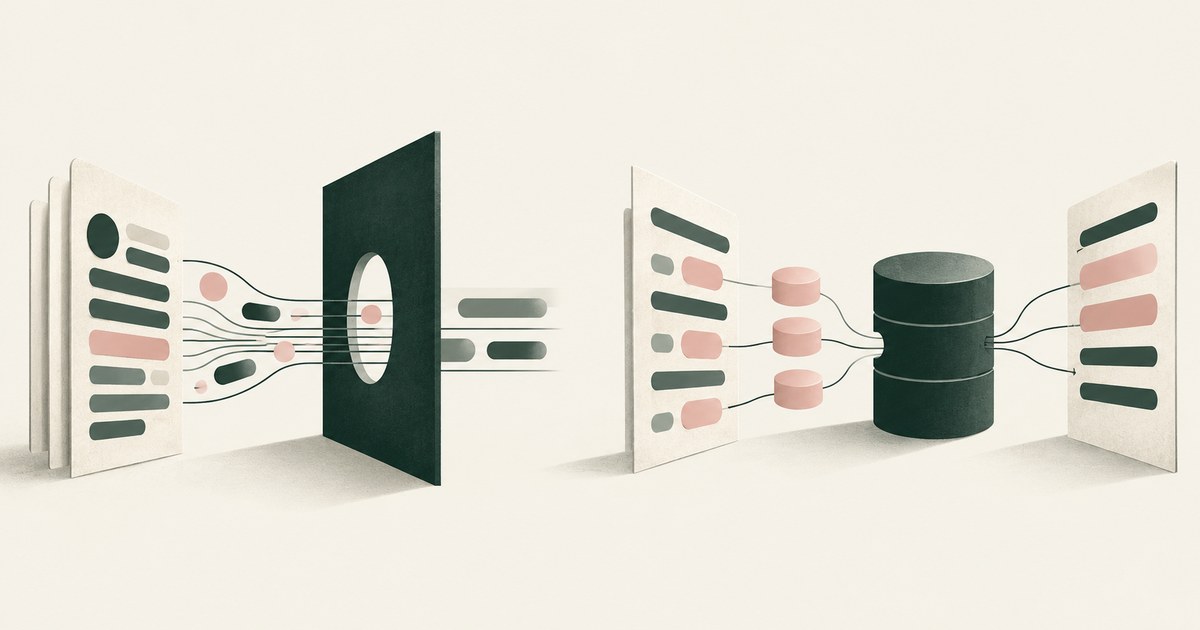 Document fields cross a narrow boundary beside a separate process that substitutes fields and reconnects them to records.