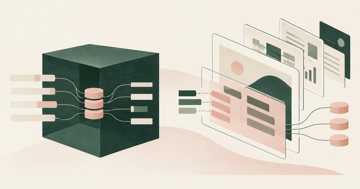 Data travels through a contained integration box beside a separate set of browser screens and connected values.
