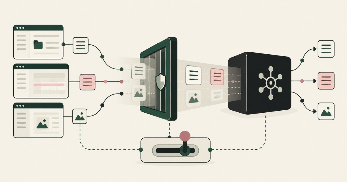 Structured application records cross a data control before model processing and monitored outputs.